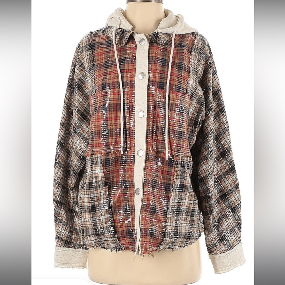 Miss Me plaid jacket with hood and sequins